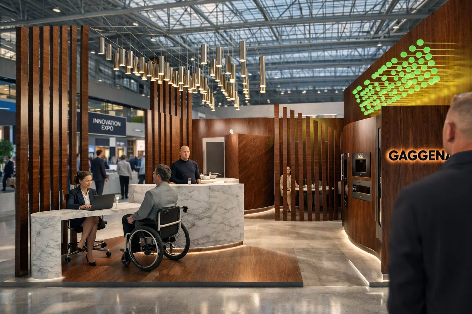 Scénographie immersive du stand Gaggenau combinant bois et lumière chaude pour une expérience sensorielle raffinée.