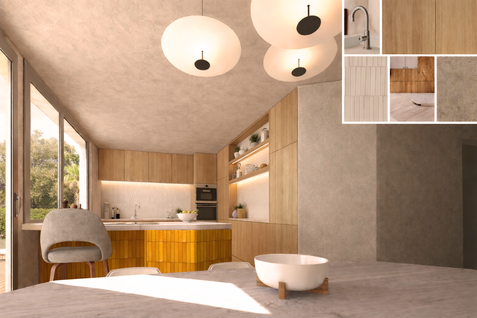 Perspective intérieure de la cuisine du projet Villeparisis, soulignant ambiance, lignes structurelles et lumière réfléchie.