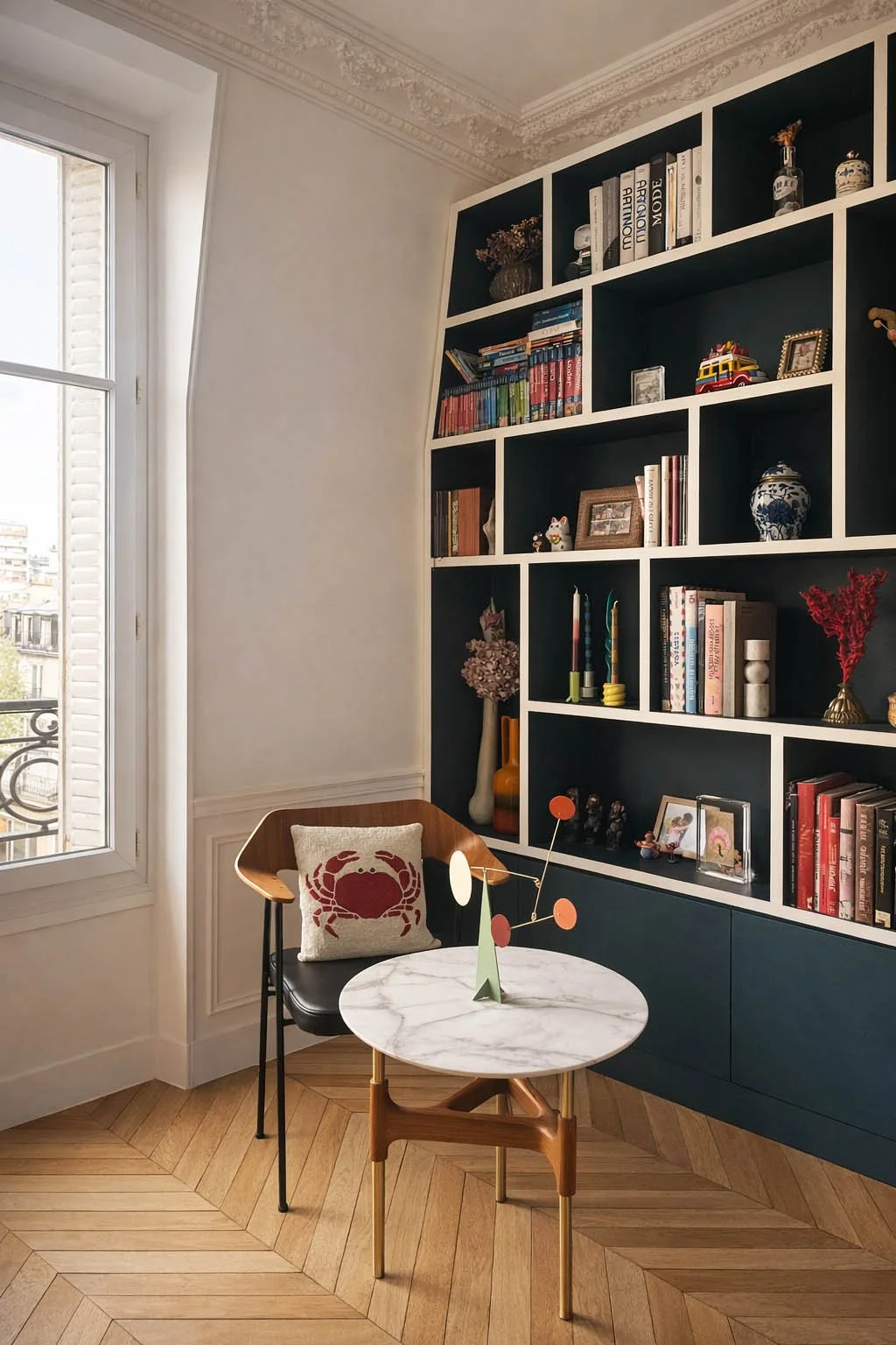 Détail du séjour rénové à Paris avec mobilier sur mesure, bois travaillé et éclairages intégrés.
