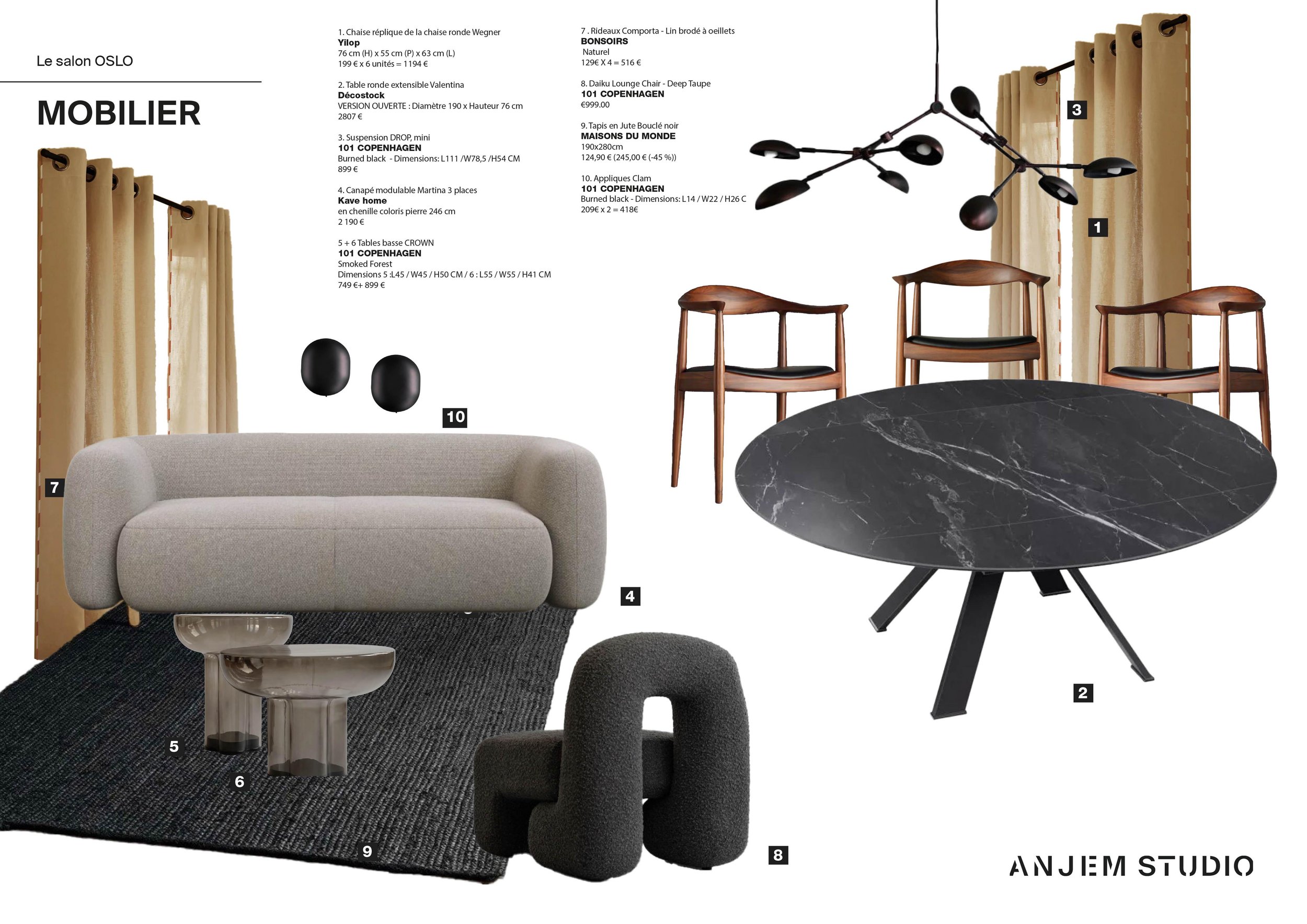 Planche de recommandation de mobilier pour l’agence OSLO Immobilier, mariage de confort et fonctionnalité.