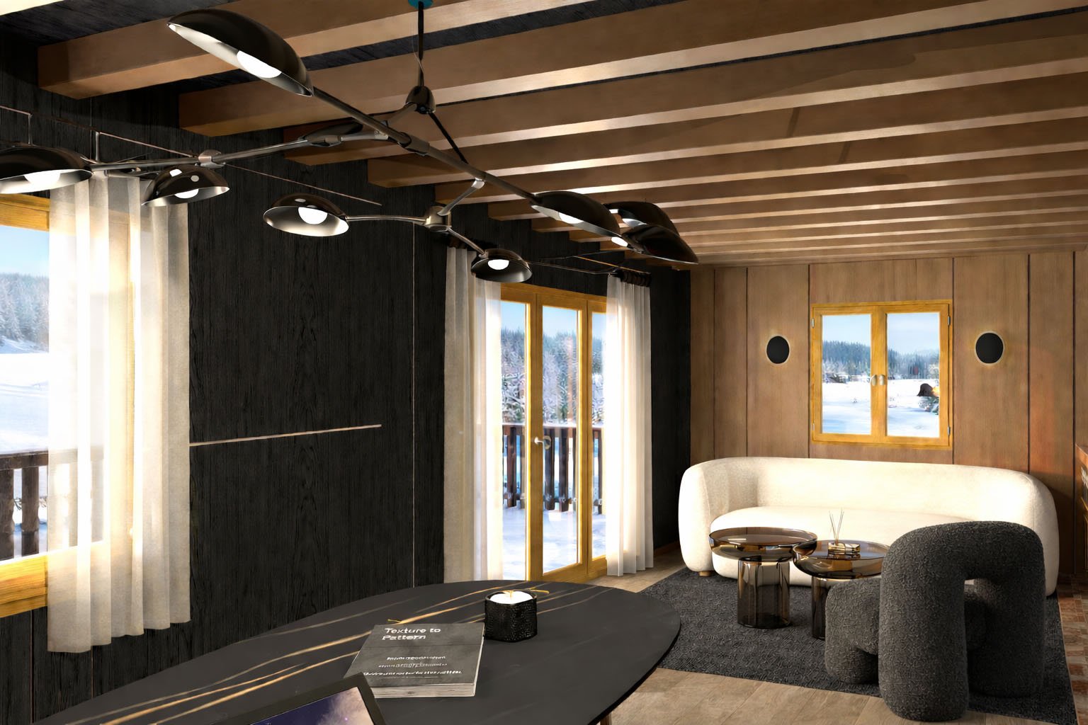 Perspective lointaine du salon d’accueil, soulignant la profondeur et l’identité chaleureuse du lieu.