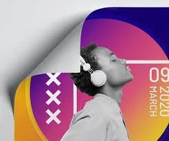 Woman wearing headphones with eyes closed, against a colorful geometric background with date and location details.