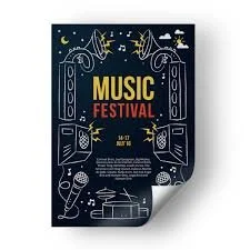 Poster for a music festival showing musical notes, headphones, and speakers.