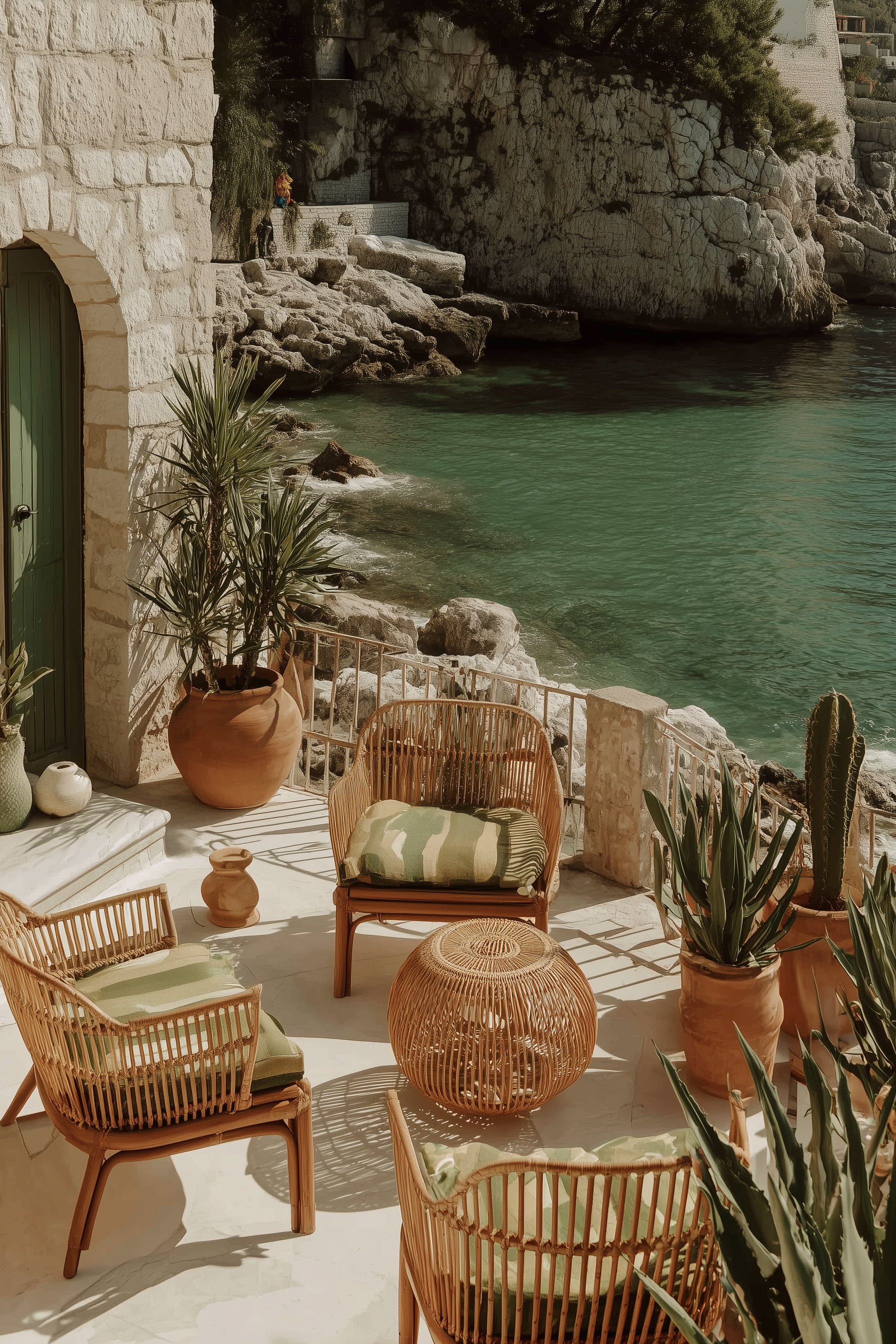 Outdoor patio with wicker chairs, white wooden table, large potted plants, bamboo roof, and decorative pillows on a bench.