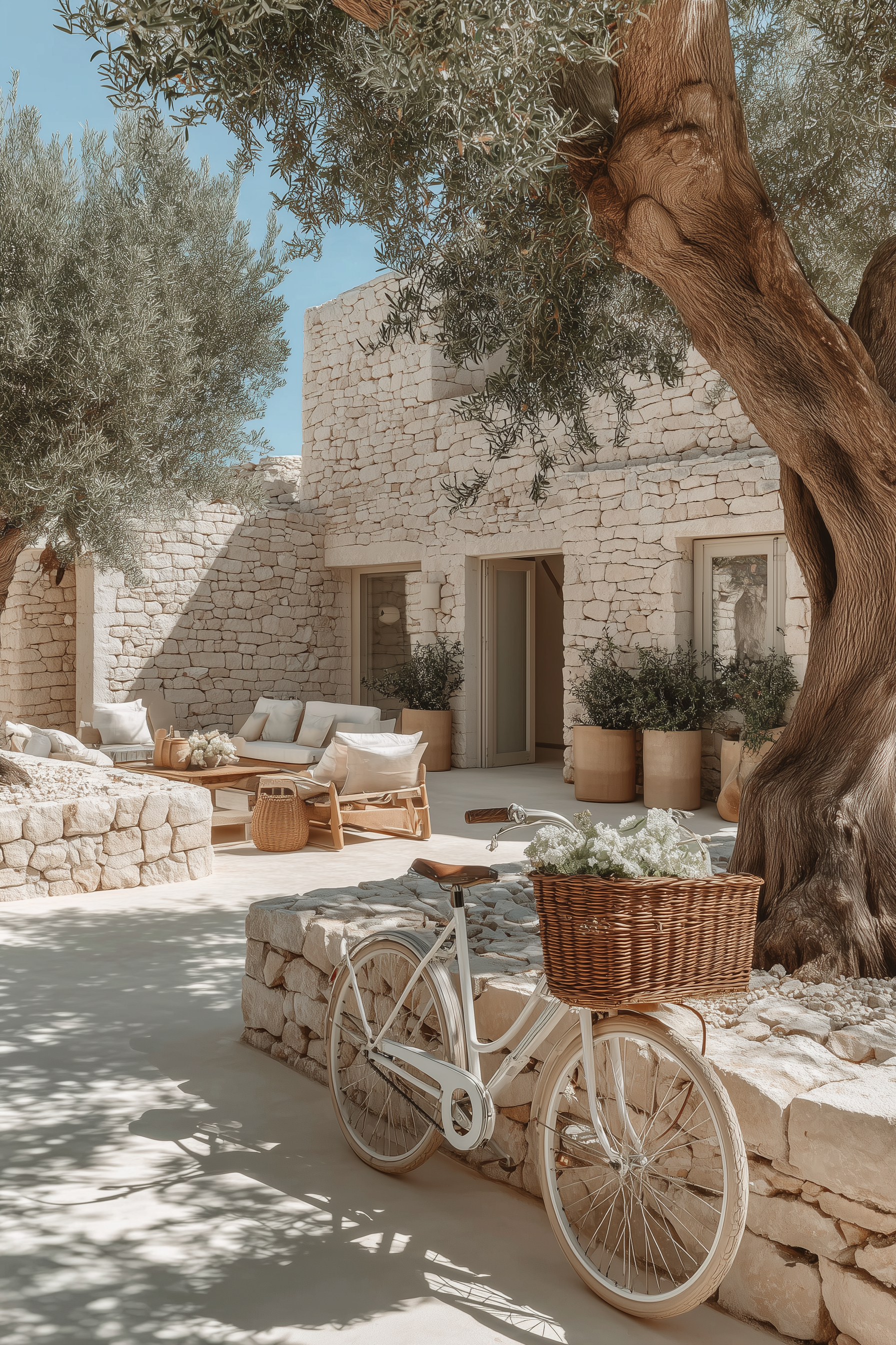 Rustic setting neutral tones bicycle with woven basketresting by an ancient tree, earthy tones of terracotta pots with comfortable outdoor seating