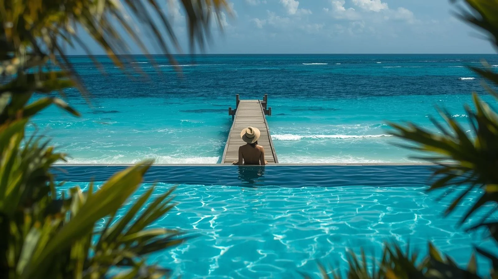 Person in a hat standing in an infinity pool with a view of the ocean, surrounded by lush greenery and a pier in the background.