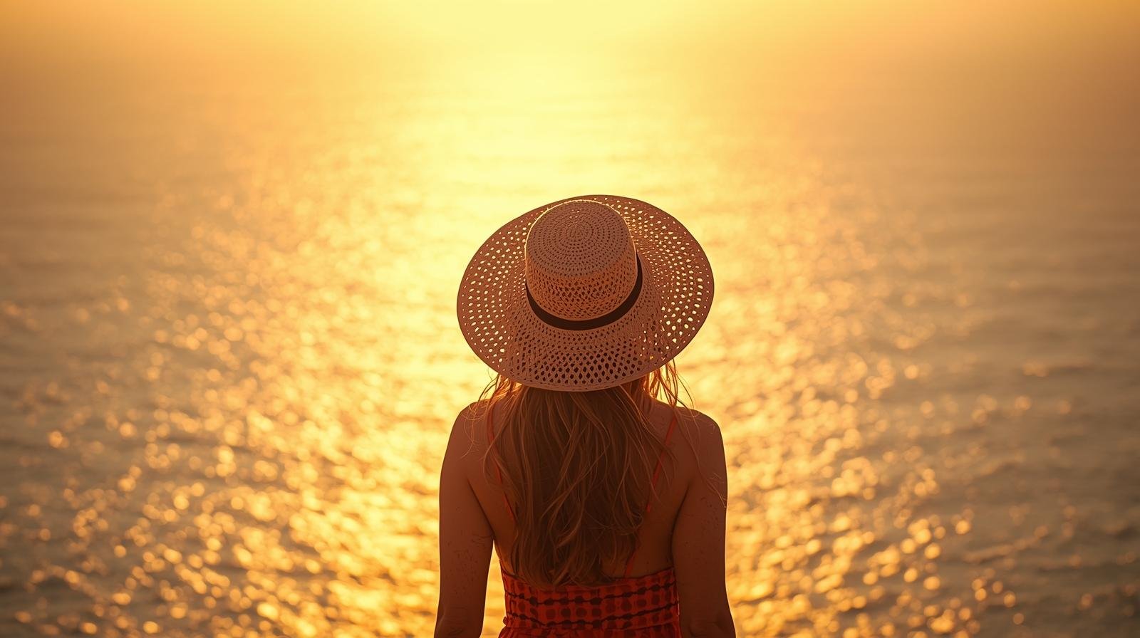 A person wearing a straw hat facing the ocean. sparkling sea under a warm, golden-hour sun. 