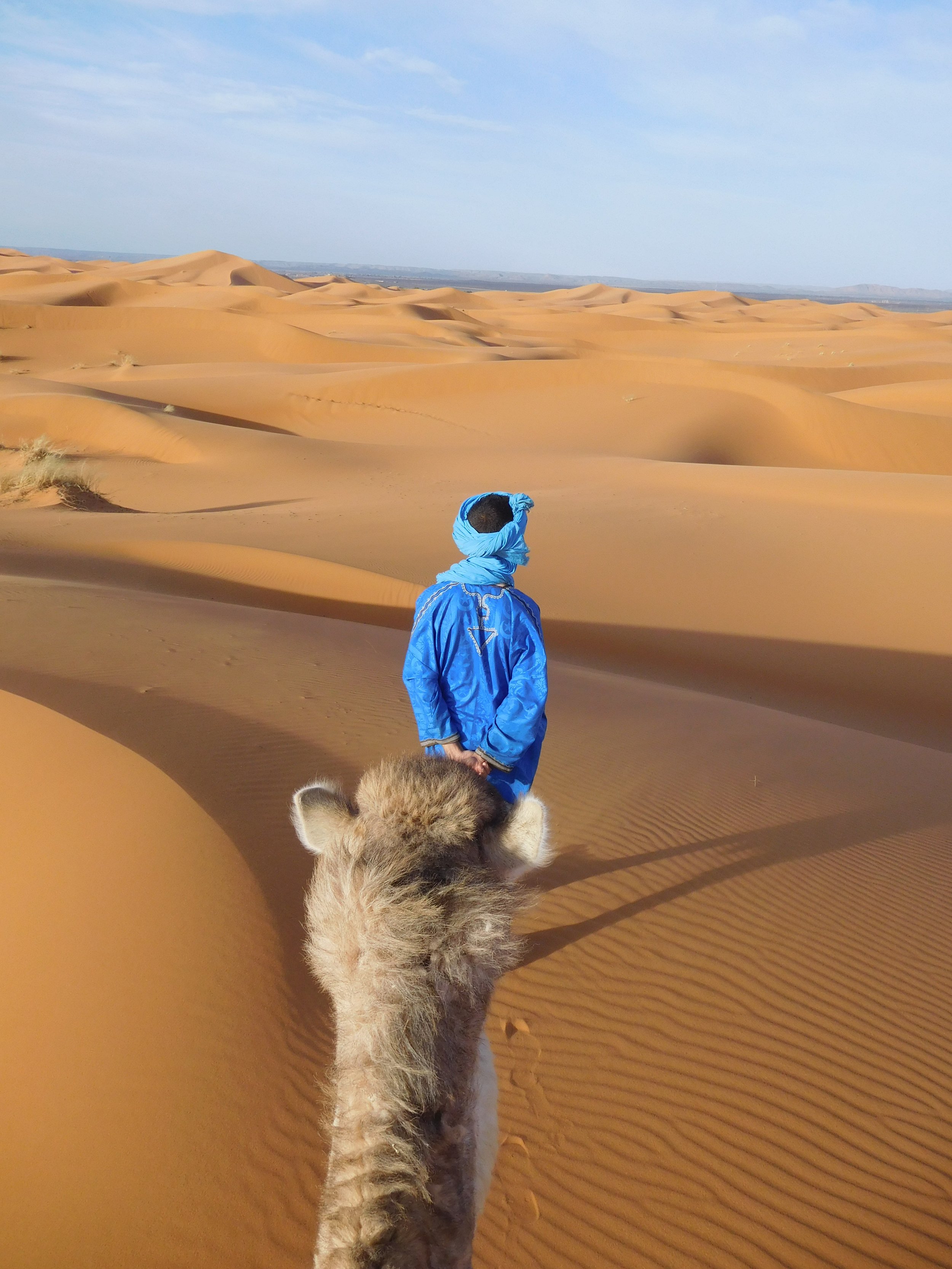 A person dressed in a blue outfit and wrapped in a blue headscarf riding on a camel's back through sand dunes in the desert with a vast expanse of sand dunes and a partly cloudy sky in the background.