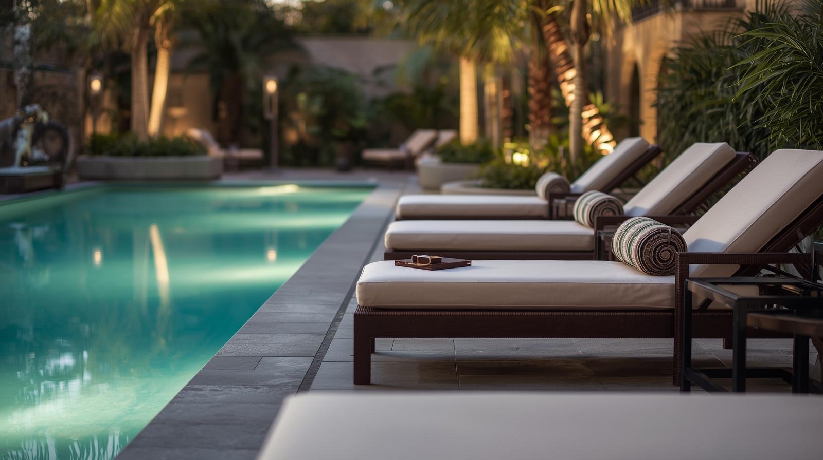 view of a resort with a swimming pool, surrounded by sunbeds luxury hotel soft lighting boutique luxury