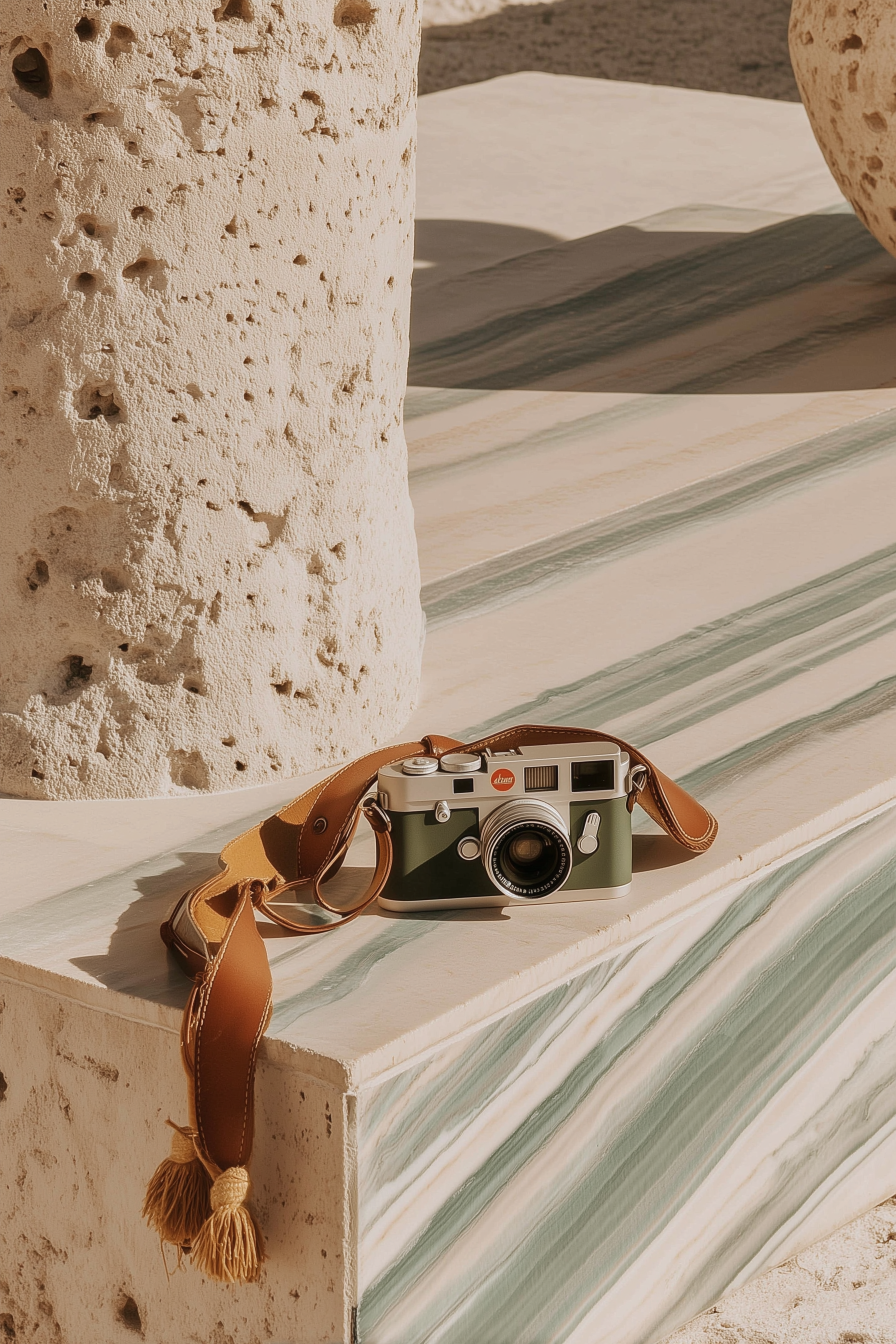 Overview of a water park with twisting slides and palm trees, set near a waterfront with city buildings in the distance.