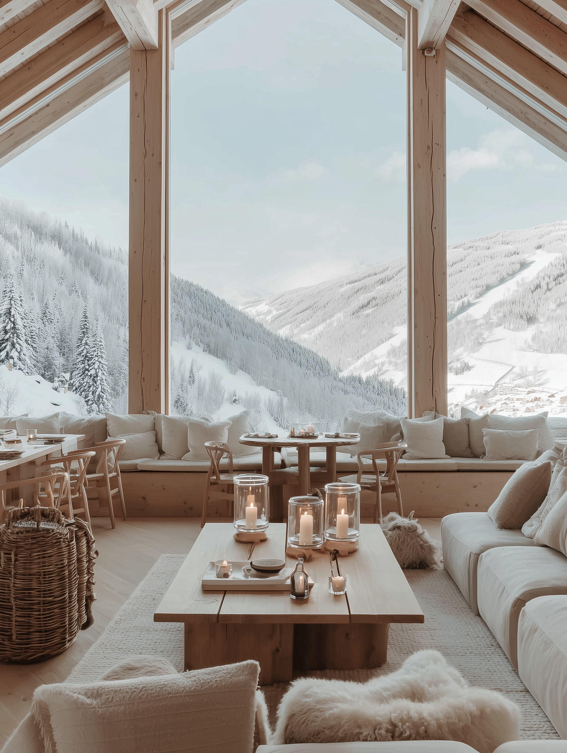 Chic luxury cosy setting plush comfortable cushions, with candles on wooden table, with ceiling height windows overlooking a snowy scene  