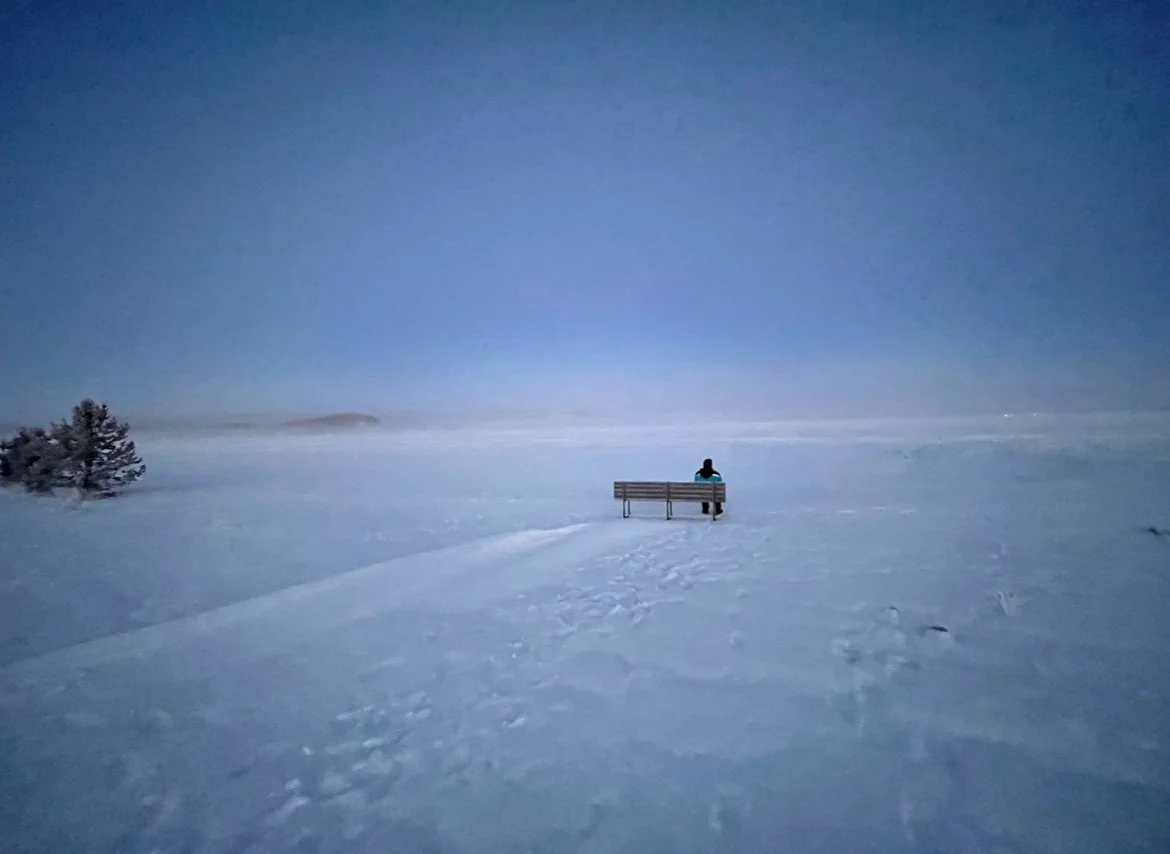 A person sitting alone on a bench in a snow-covered landscape, under a dark blue sky, with a lone tree on the left side and a small distant hill.