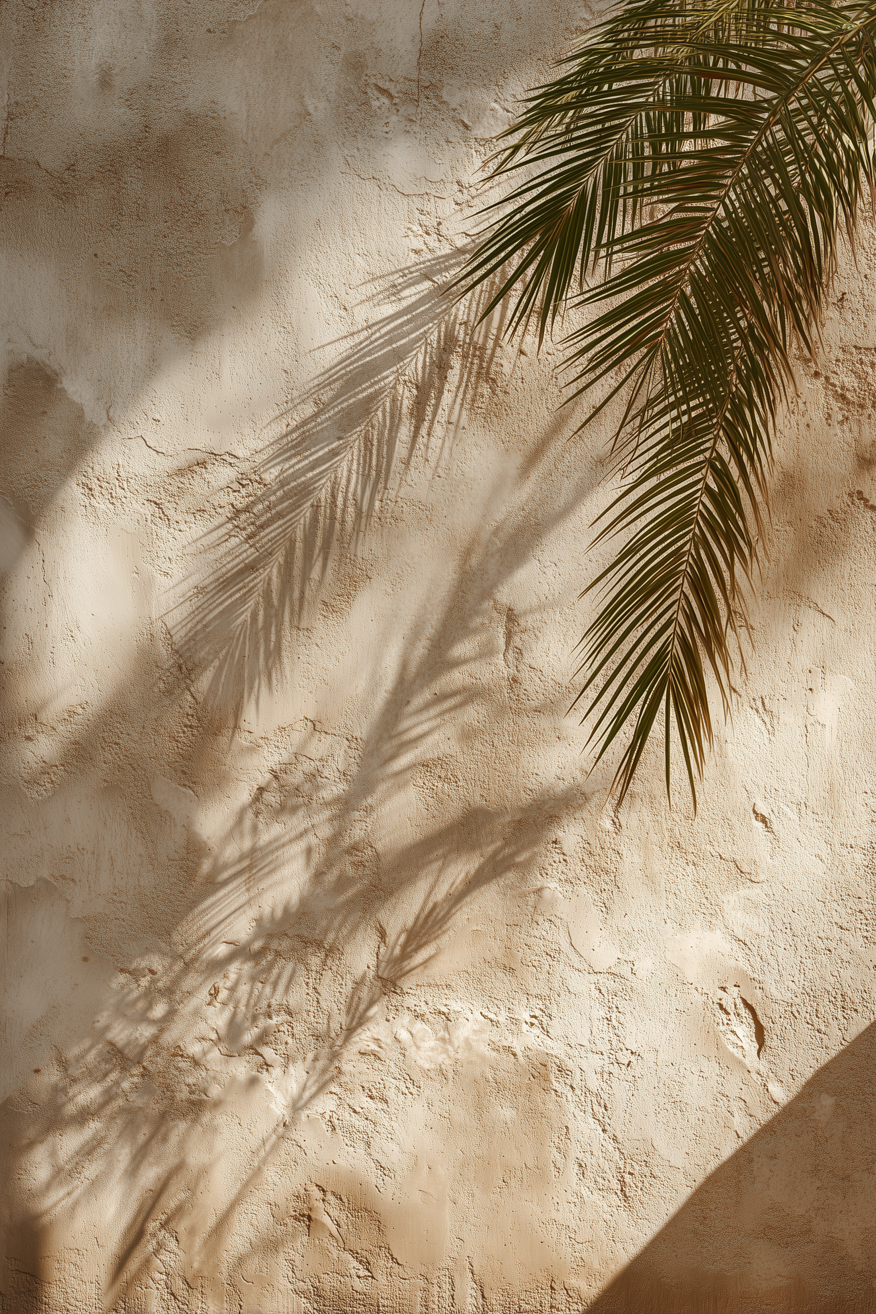 Stone archway overlooking city with palm trees and distant buildings, clear sky