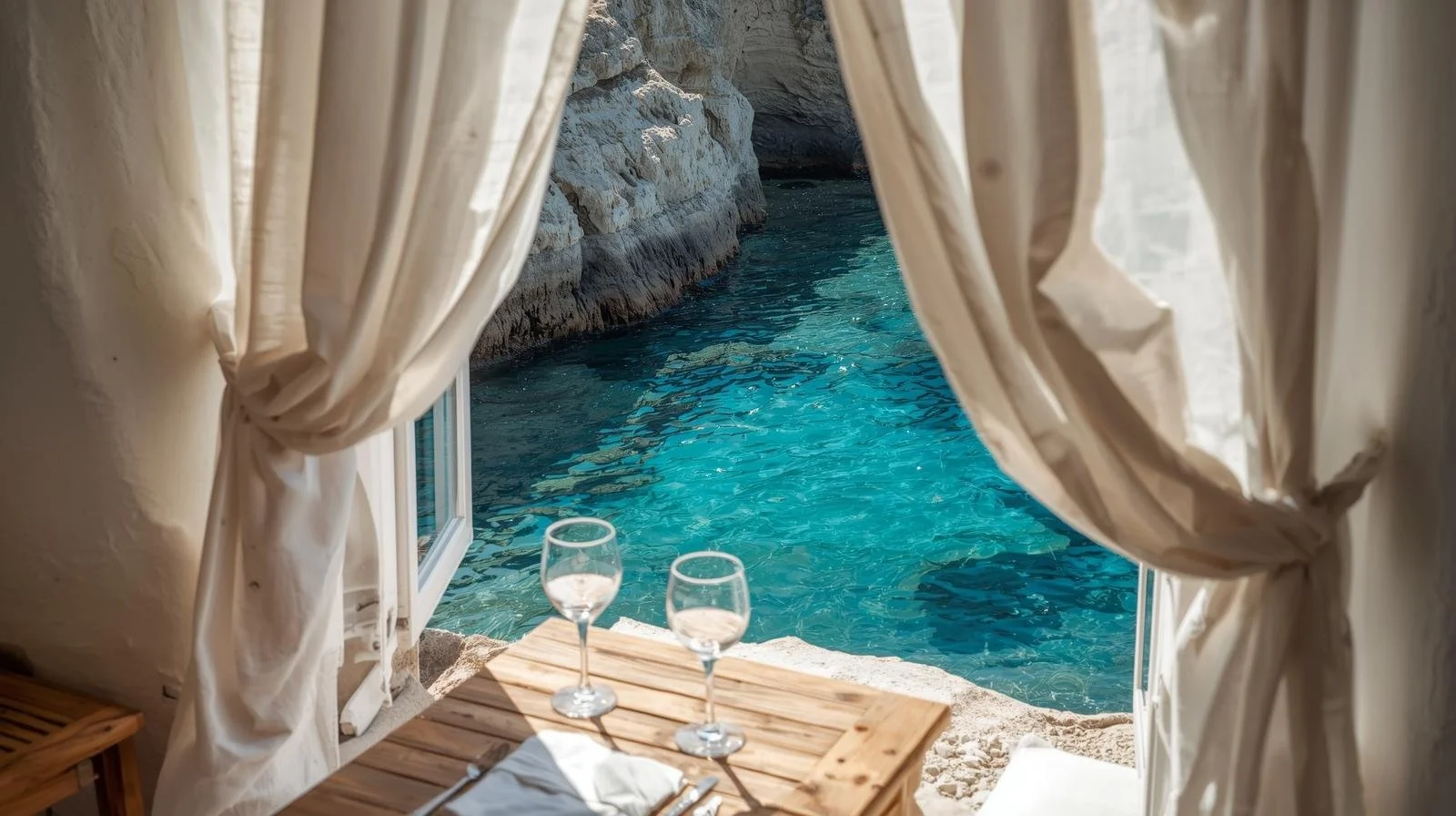 scene from a small villa on a greek island with russling curtains, looking out to a small hidden cove with crystal clear water. Sun rays coming through the curtains, peeking out to a rustic table set with two drinks.