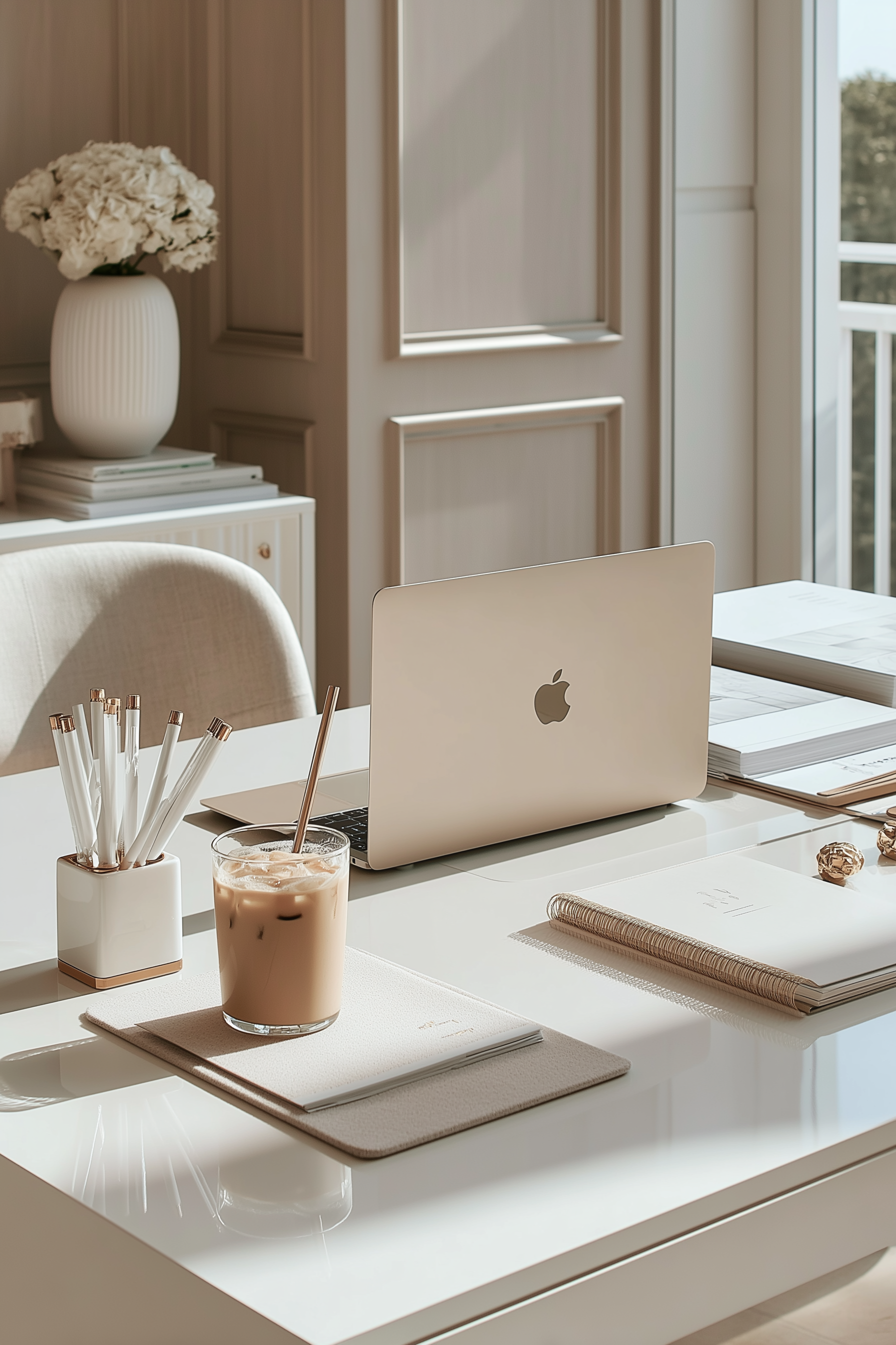 Person typing on a laptop indoor setgin. neutral tones, coffee, with a notebook and pens