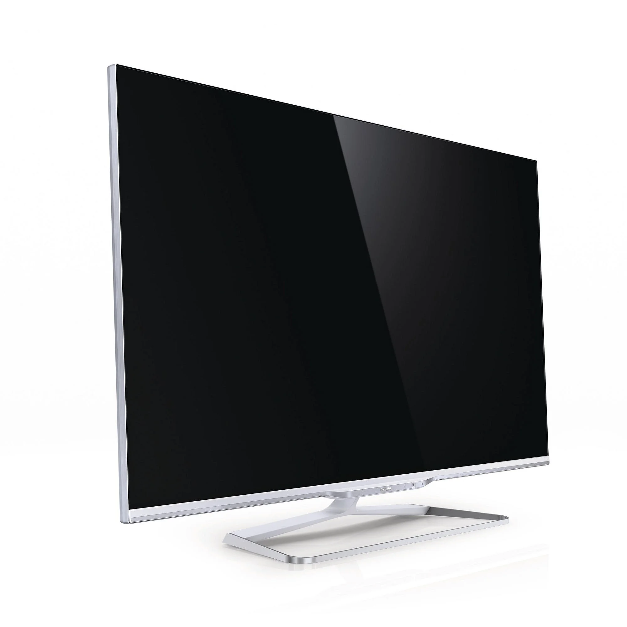 A sleek, modern flat-screen television with a silver stand on a white background.