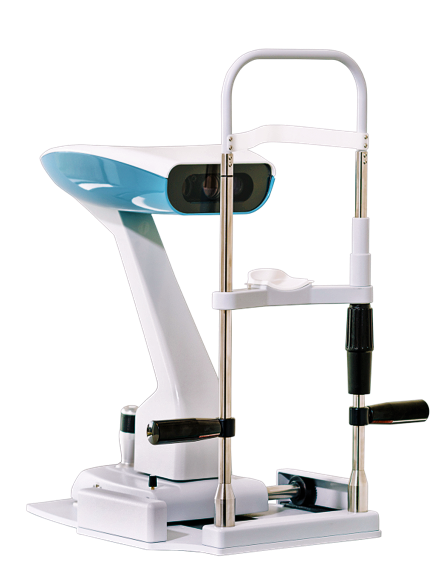 A mobile ophthalmic screening device with a chin rest and eye testing equipment.