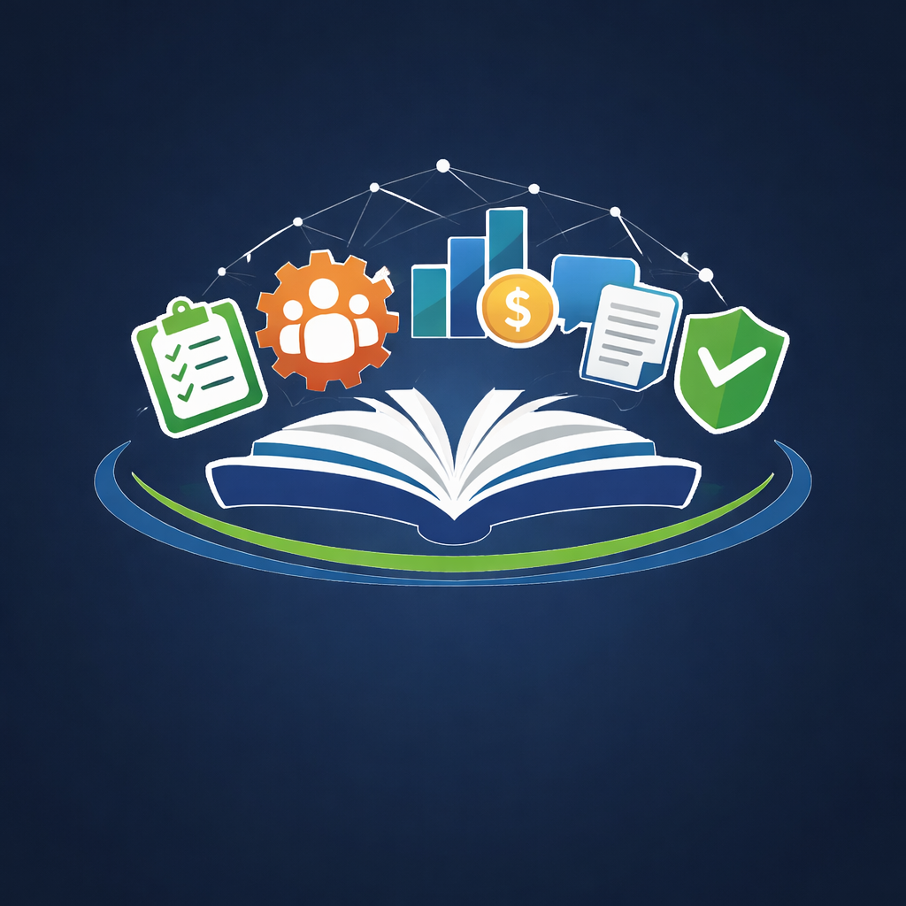 Open book with floating icons representing checklist, team, charts, dollar sign, documents, and shield over a dark background.