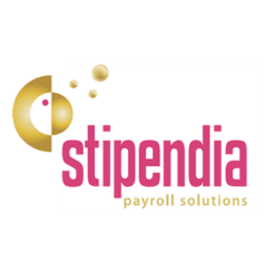 Logo for Stipendia Payroll Solutions with a stylized gold and white circular emblem and pink and gold text.