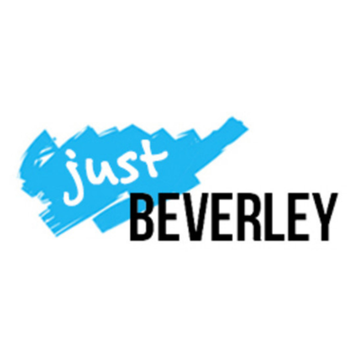 Logo with blue brushstroke background and the words "just BEVERLEY" in white and black text.