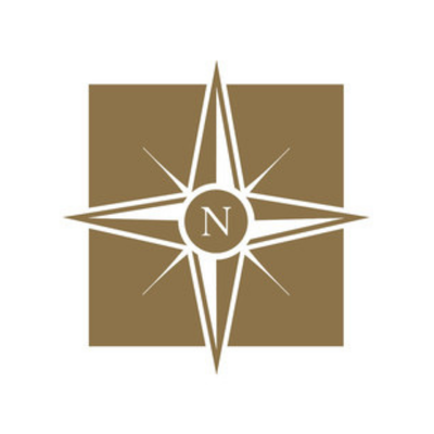 A compass rose design with a central circle containing the letter 'N' and four stylized points extending outward, set against a brown square background.