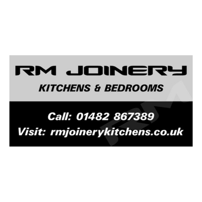 Business card for RM Joinery, kitchen and bedroom renovation services, with phone number 01482 867389 and website rmjoinerykitchens.co.uk