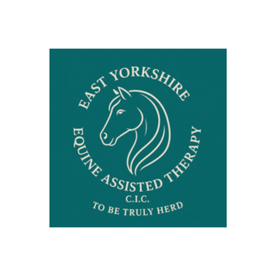 Logo for East Yorkshire Equine Assisted Therapy featuring a line drawing of a horse's head in profile within a circle, with text around and below.