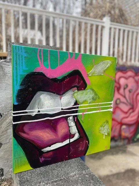 On the Verge
Gallery-wrapped canvas 20x20"

Examines the so-called freedom of speech. How loud does a person need to be, who is allowed to censor, and when does the voice break through? 
