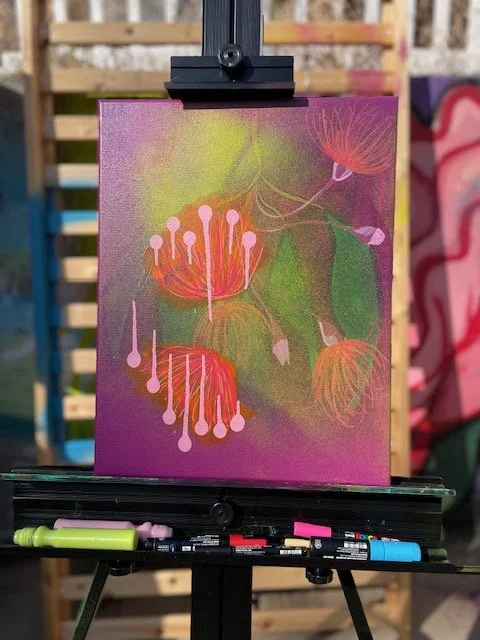'Ohi'a Lehua
Acrylic on canvas

'Olelo Hawai'i series - 
The 'ohi'a lehua plant is endemic to the Hawaiian Islands, with uses ranging from kapa cloth to building statues. The nectar is food to the many native bird species. But it's most notable chara
