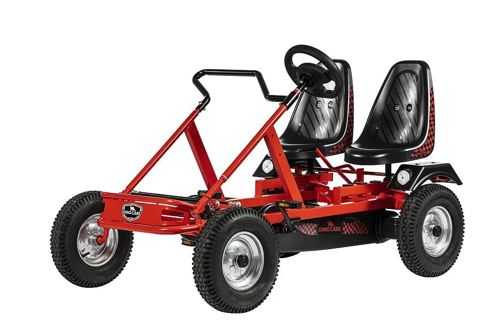 A mini go-kart with two black seats, four large black tires, and a red frame, designed for children or small riders.