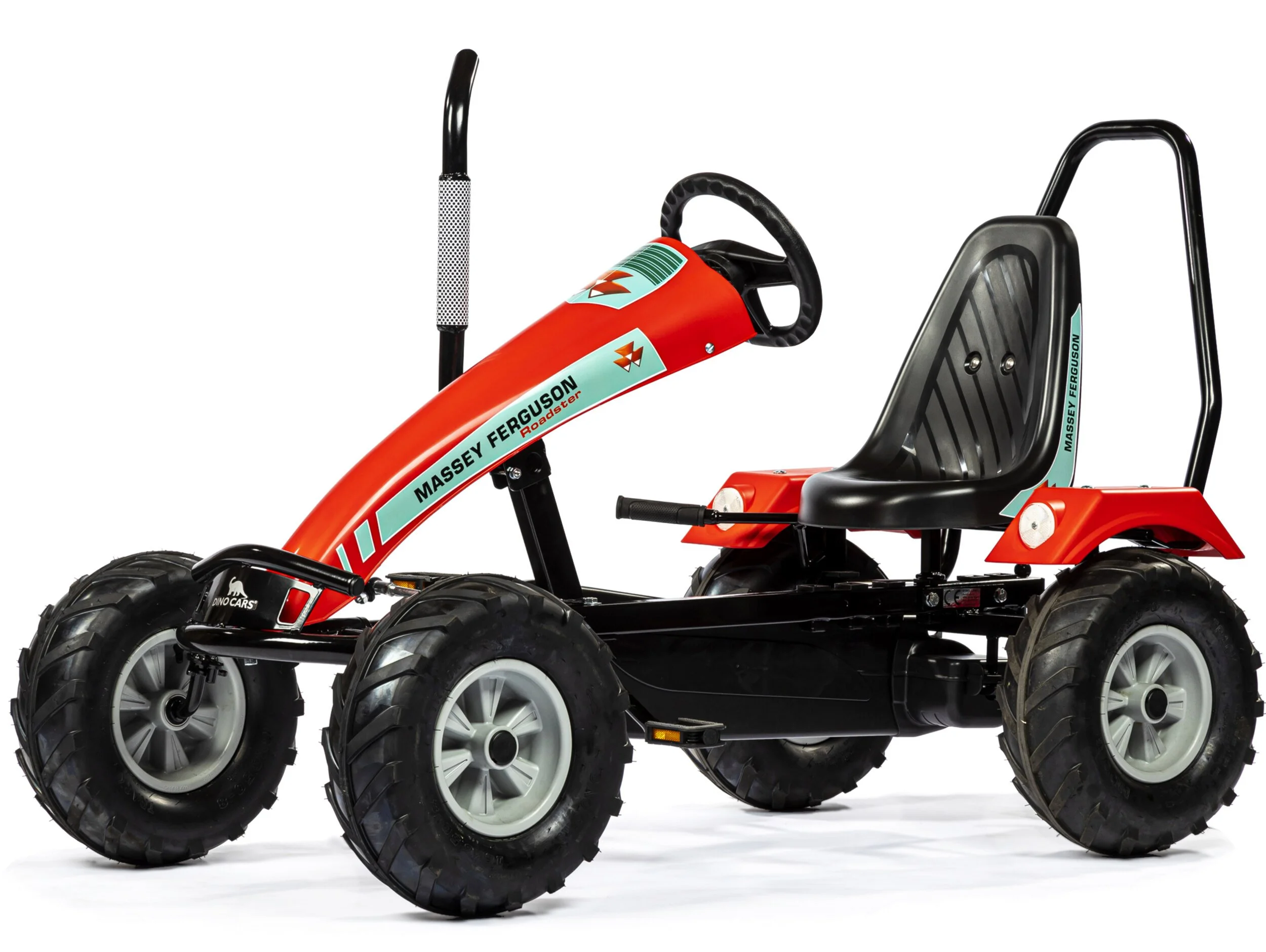 Electric ride-on toy car designed for children, resembling a racing vehicle with off-road tires, black seat, and red, black, and teal branding.