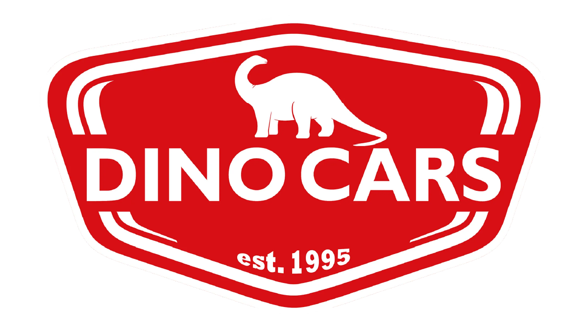 Red logo with a white silhouette of a dinosaur and the text 'DINO CARS' and 'est. 1995'.