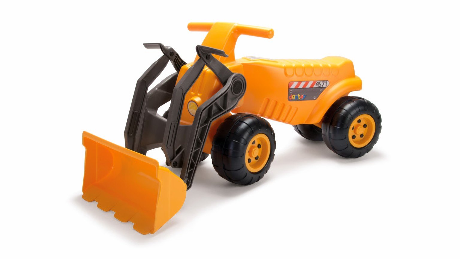Yellow toy bulldozer with black wheels and a front scoop