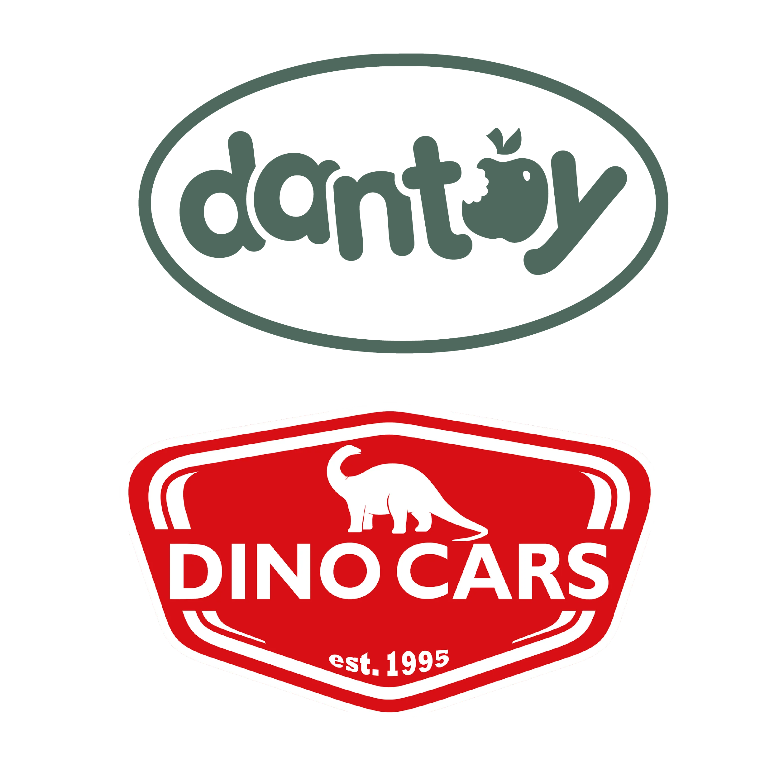 Two logos, one for 'danty' with a green and white color scheme with an apple icon, and the other for 'DINO CARS' in red and white featuring a dinosaur, established in 1995.