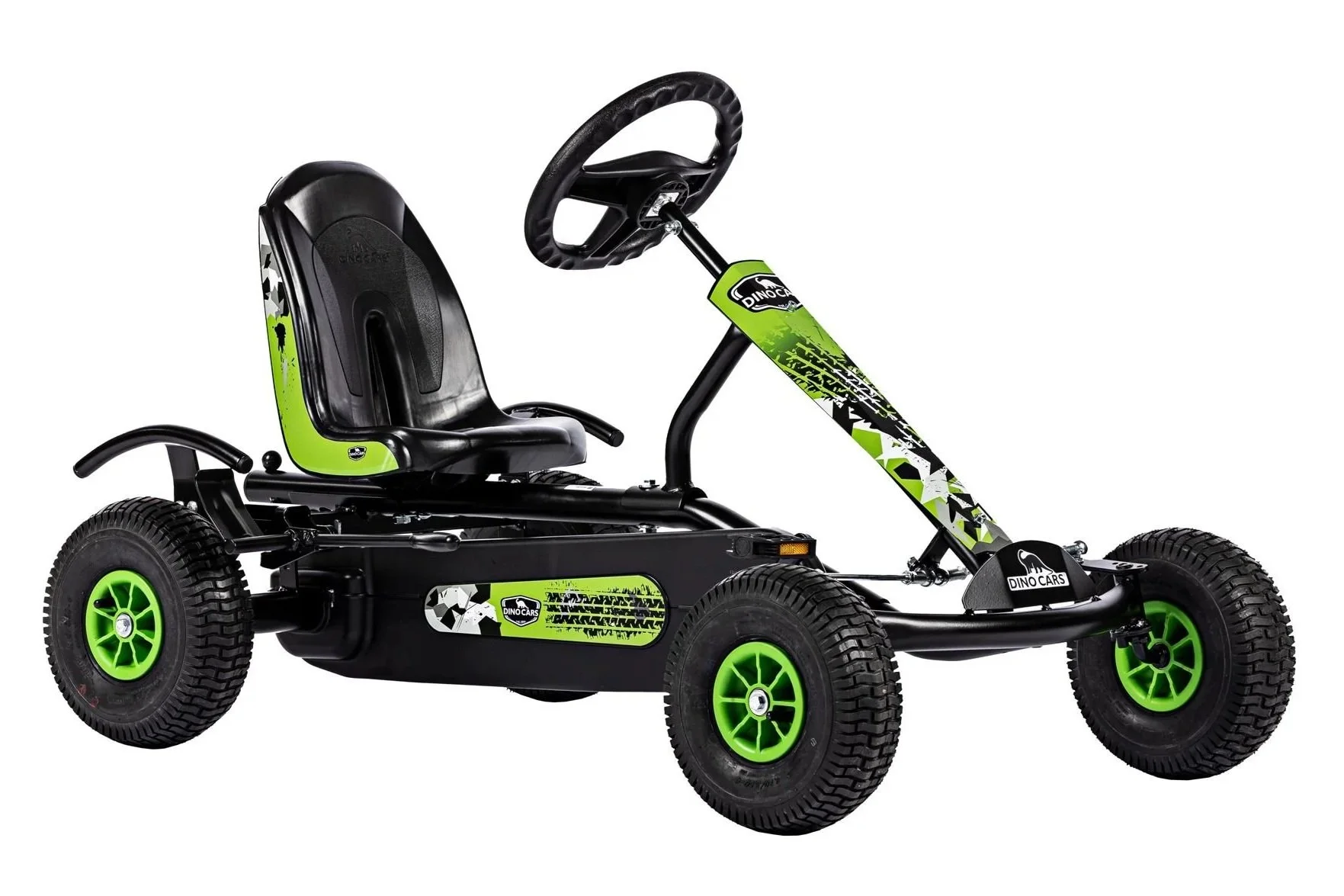 A black and green go-kart with four large tires, a black seat, and a steering wheel.