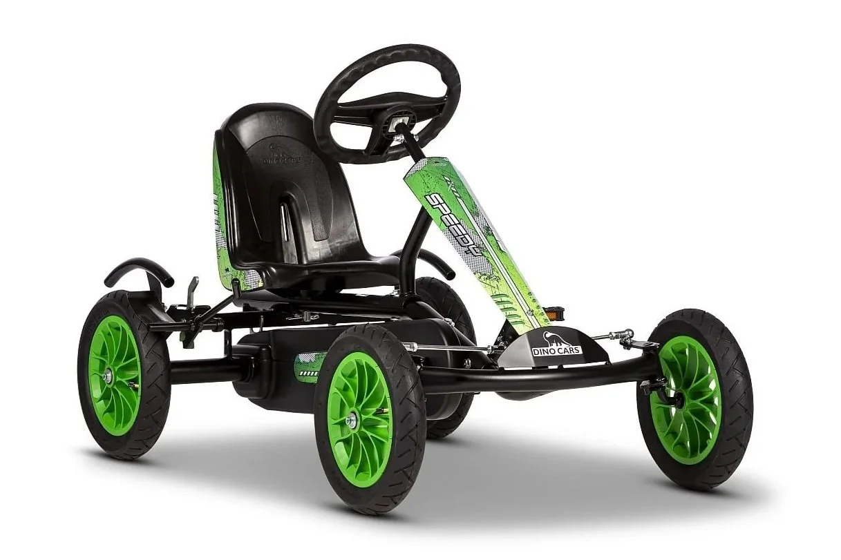 A green and black children's pedal go-kart with a racing design, featuring four green wheels, a black seat, and a steering wheel.