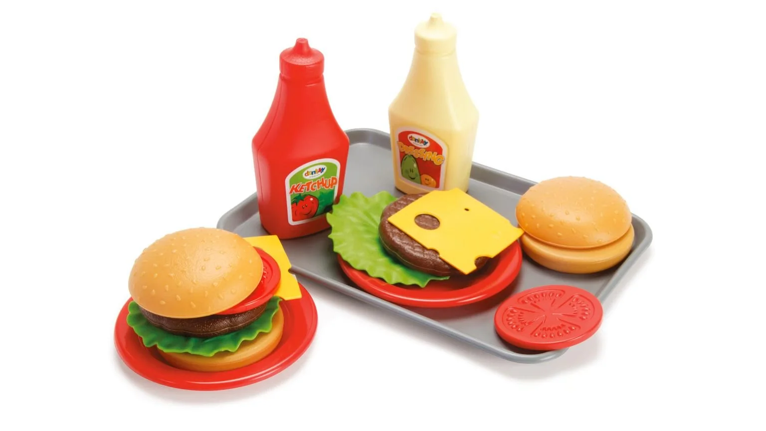 Toy plastic fast-food meal including two hamburgers, ketchup and mustard bottles, a slice of cheese, a lettuce leaf, a hamburger patty, and a red ketchup cap.