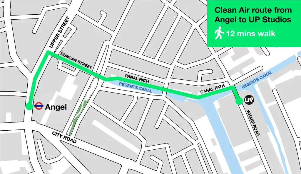 Map showing a 12-minute walking route from Wharfd Road to Angel station, passing through Canal Path and Duncan Street, with a green banner indicating the route is a clean air route from Angel to UP Studios.