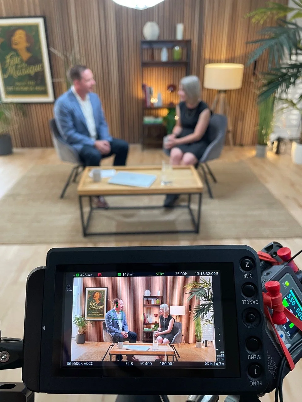 Two people having a conversation in a modern, nicely decorated office or studio with wood-paneled walls, a bookshelf, a large lamp, and potted plants, while being filmed with a professional camera.