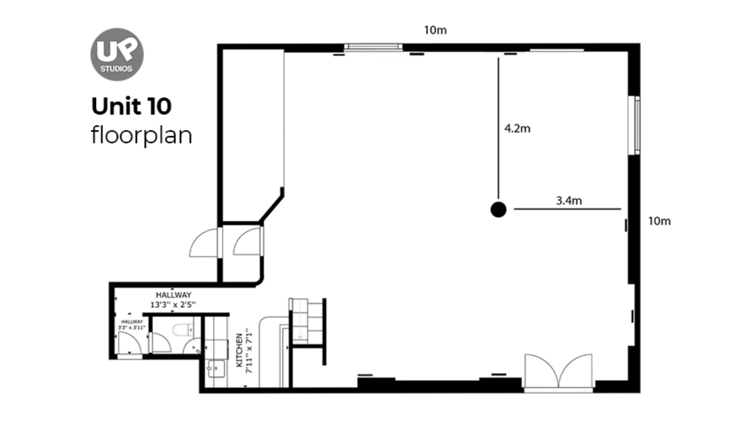 Floor plan of Unit 10 featuring a large main area measuring 10 meters by 10 meters, a smaller room measuring 4.2 meters by 3.4 meters, a kitchen of 7 feet 11 inches by 7 feet 11 inches, and two hallways, one 13 feet 3 inches by 2 feet 5 inches and th