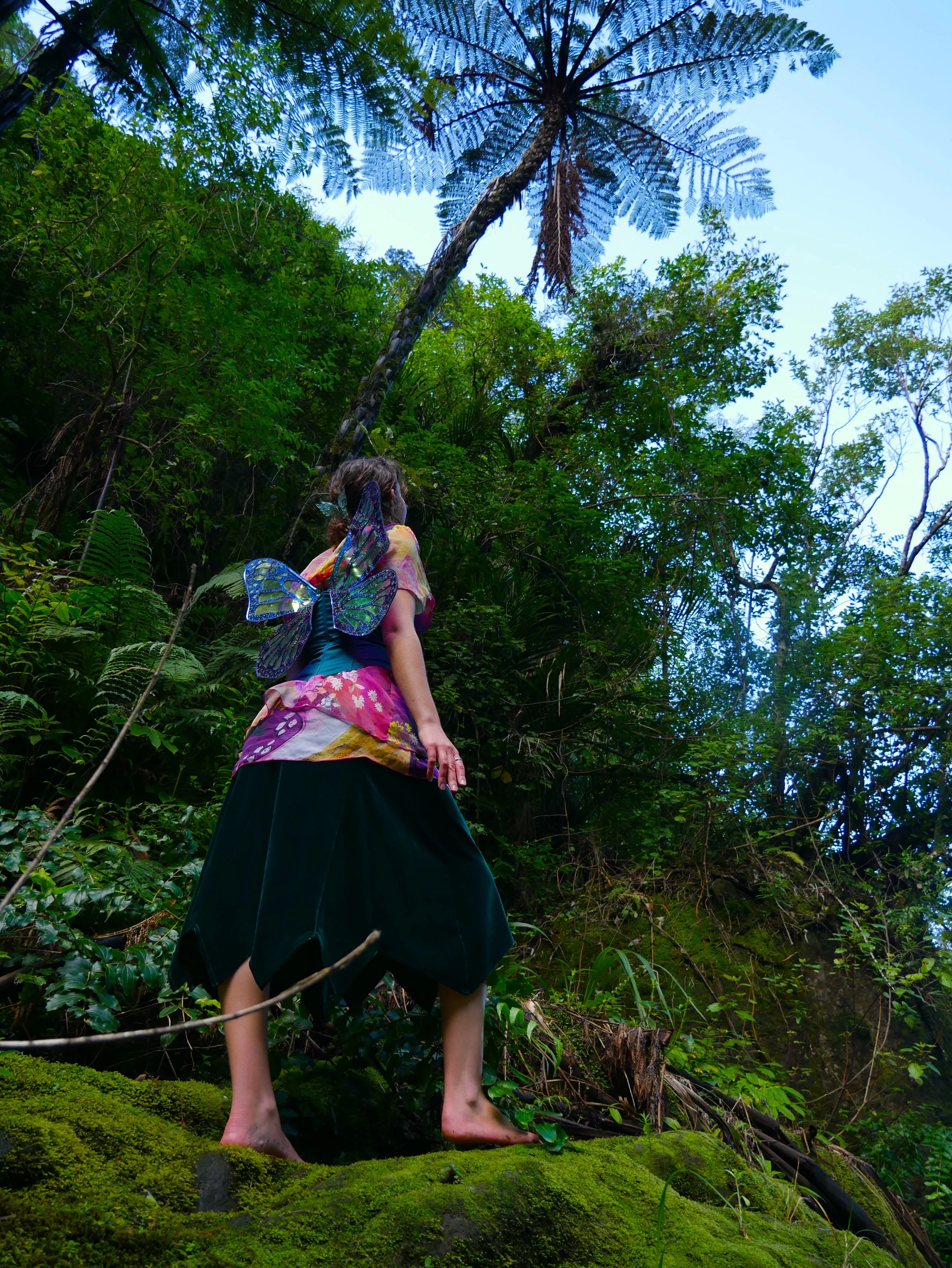 A barefoot fairy entertainer with sparkling wings stands on the mossy forest floor, looking up to majestic ferns overhead