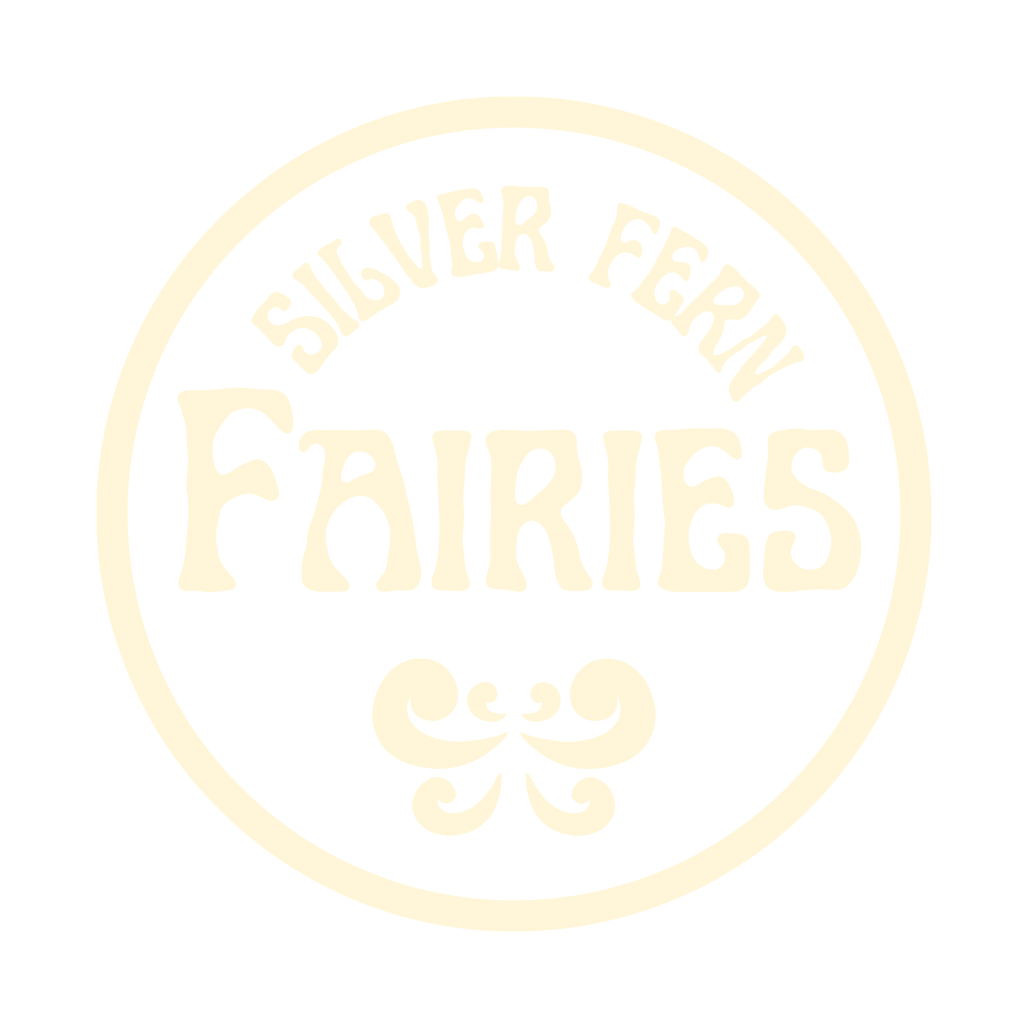Silver Fern Fairies logo - a cream vintage Art Nouveau font in a circular shape with an emblem of wings made from kopru shapes, referencing the bud of a silver fern frond