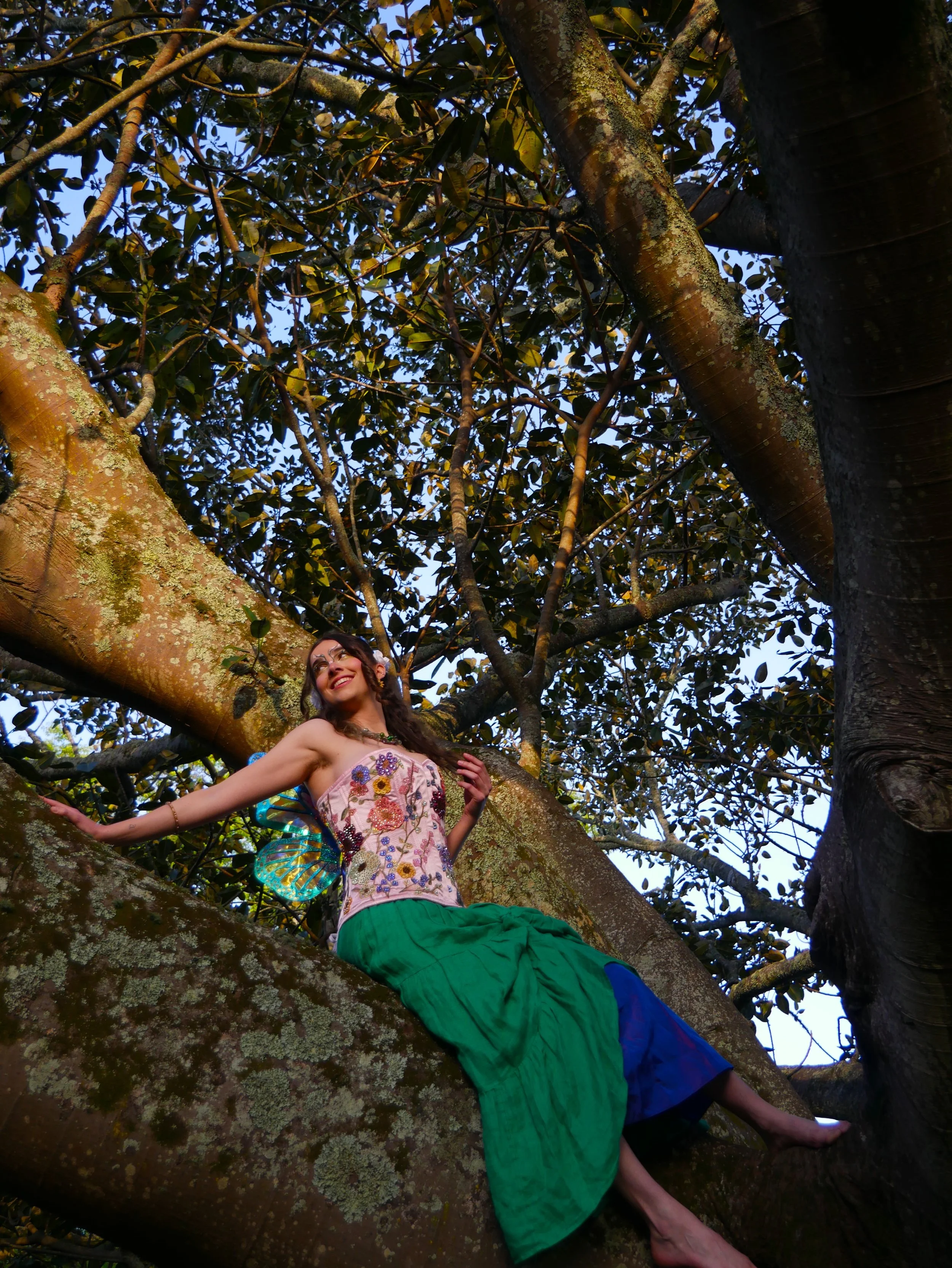 Silver Fern Fairies entertainer sitting in a tree at a children's birthday event in Auckland