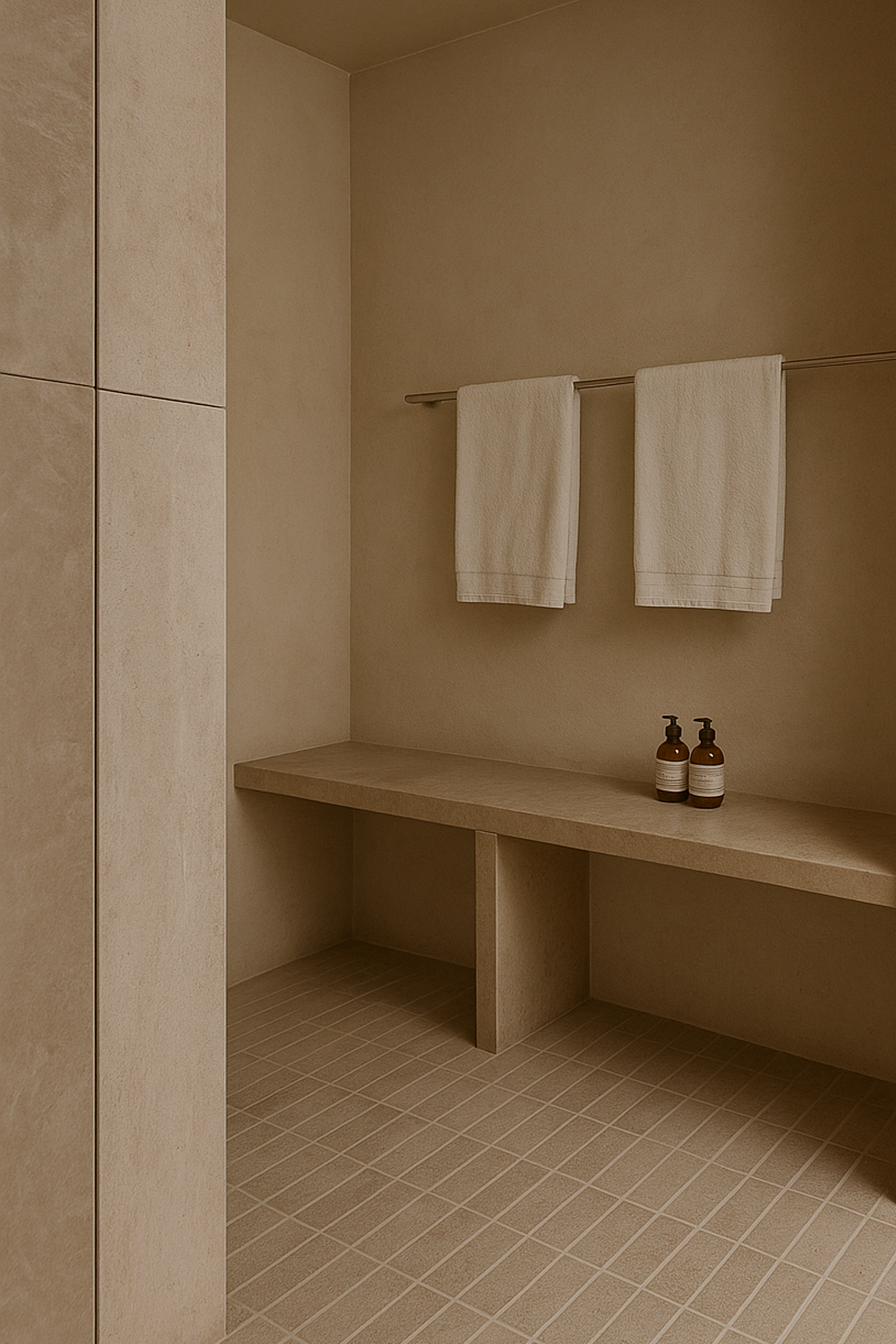 Minimalist shower area with beige tiles, two white towels hanging on a towel rack, and two brown bottles on a beige bench.