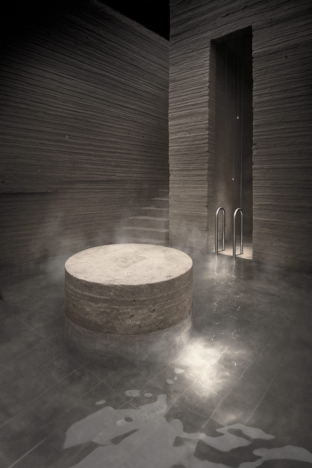 A modern indoor steam room with a large circular stone hot tub, steam rising, gray textured walls, stairs in the background, and a doorway with metal hand rails.