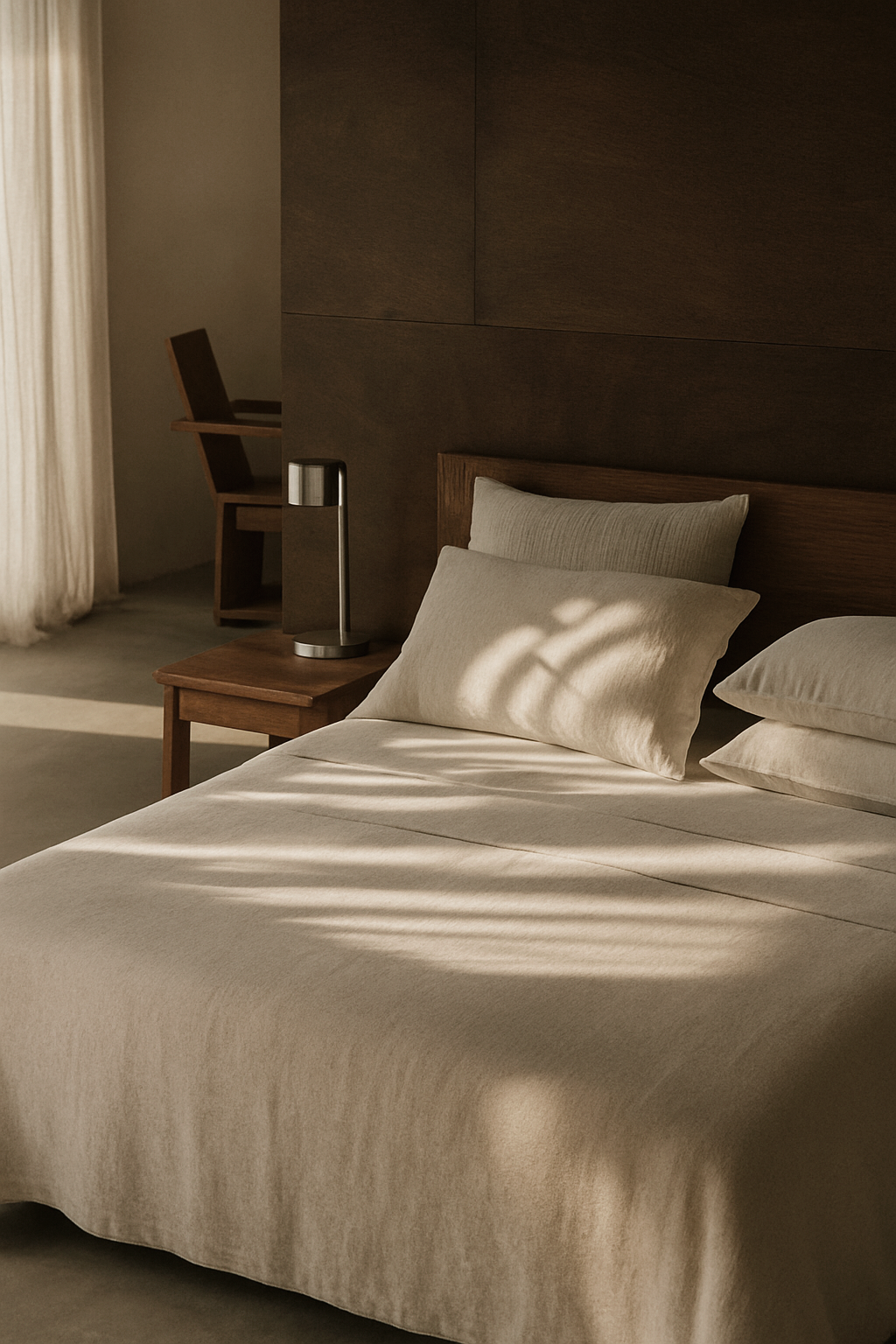 A neatly made bed with beige bedding and pillows in a minimalist bedroom. Sunlight casts shadows across the bed. A wooden nightstand with a modern table lamp is beside the bed. There is also a desk and chair in the background near a window with light-colored curtains.