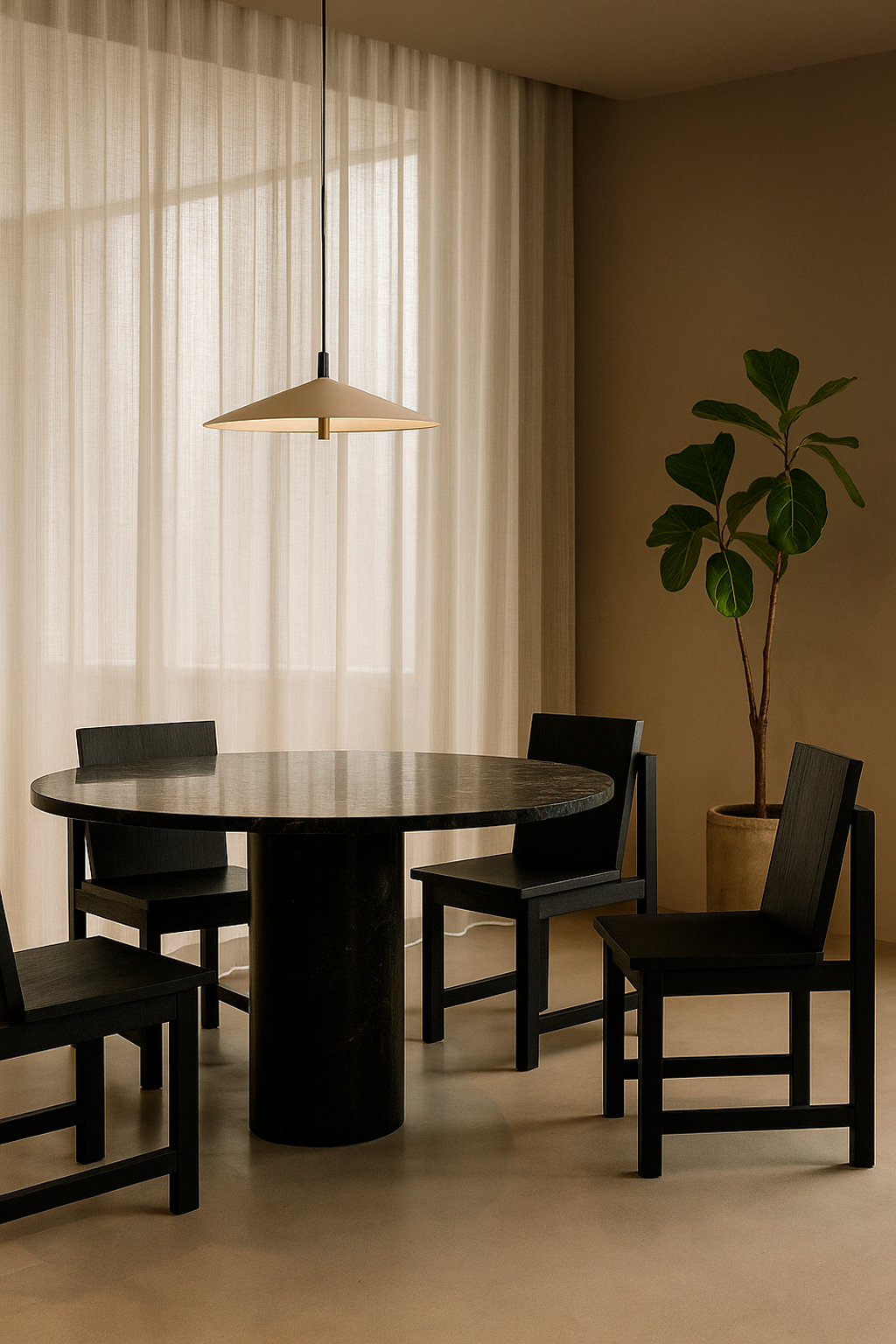 Minimalist dining area with a round black table, four black chairs, a large potted plant, beige curtains, and a modern cream-colored pendant light.
