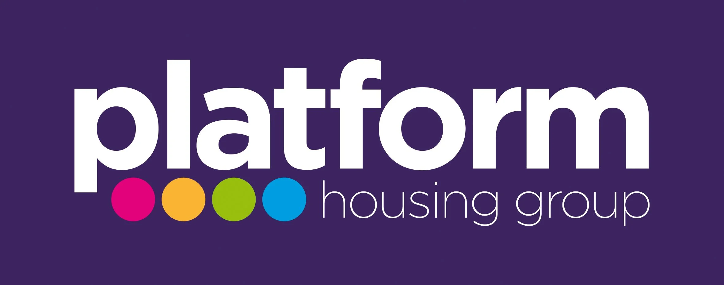 Logo of Platform Housing Group with the word 'platform' in large white letters, colorful dots underneath, and 'housing group' in smaller white letters below on a purple background.