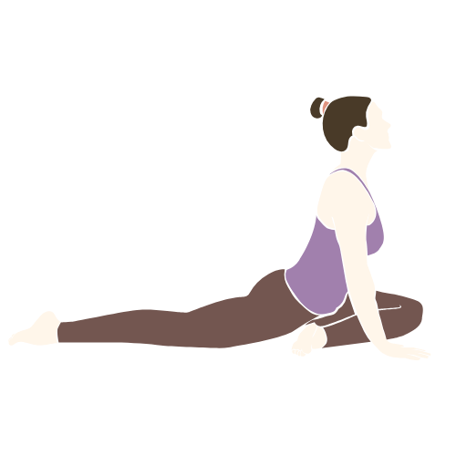 A woman performing a yoga stretch in a lizard pose, wearing a purple top and brown pants.