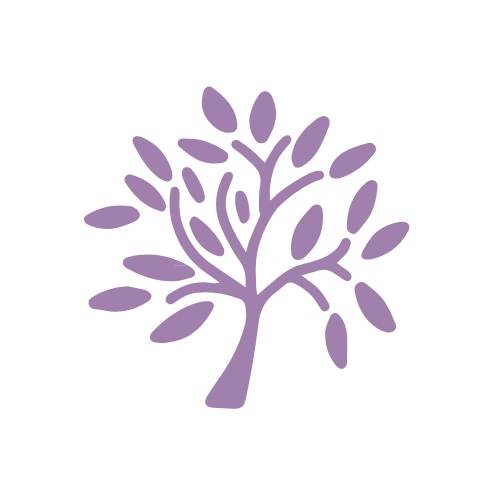 Purple stylized tree with rounded leaves on a black background.